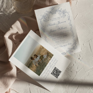 Vintage-Staubblau-Altgeld-Foto-QR-Code-Hochzeit Einladung