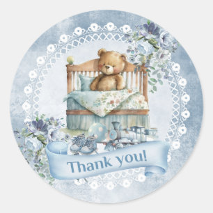 Vintage staubblaue Blumen Teddybär Junge Baby Runder Aufkleber