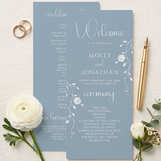 Vintage staubblaue Rosenranken-Hochzeitsprogramm Programm