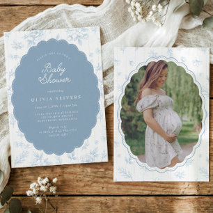 Vintage Staubblaues Blumen-Baby-Shower-Foto Einladung