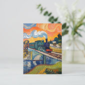 Vintage Steam Engine crossing Bridge painting Postkarte (Stehend Vorderseite)