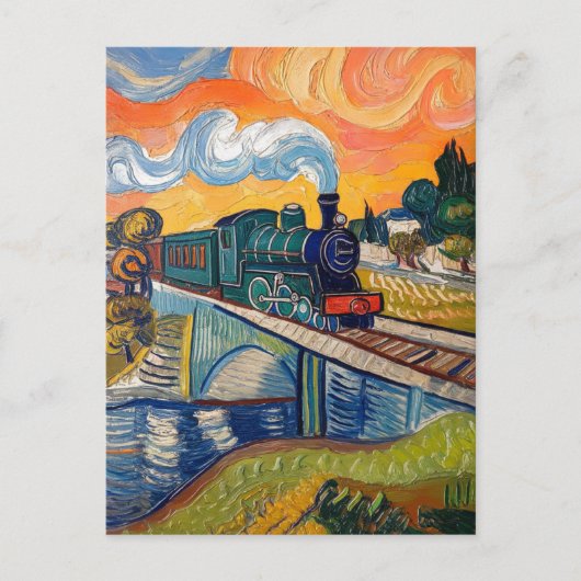 Vintage Steam Engine crossing Bridge painting Postkarte (Vorderseite)