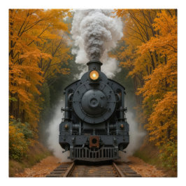 Vintage Steam Locomotive Train In Autumn Woods Poster