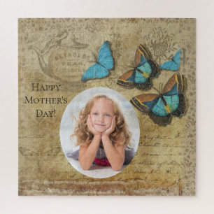 Vintage-Steampunk-blaue-Schmetterlinge-Muttertag Puzzle