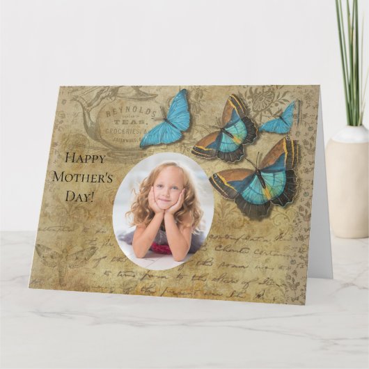 Vintage Steampunk Blue Butterfells auf Parchment Karte (Vorderseite)