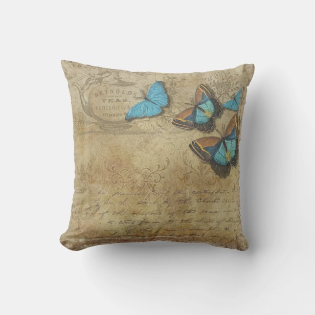 Vintage Steampunk Blue Butterfells auf Parchment Kissen (Vorderseite)