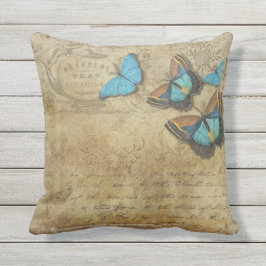 Vintage Steampunk Blue Butterfells auf Parchment Kissen