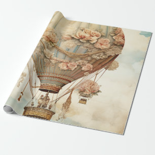 Vintage-Steampunk-Blumen-Blauer Heißluftballon (2) Geschenkpapier