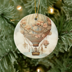 Vintage-Steampunk-Blumen-Blauer Heißluftballon (2) Keramik Ornament