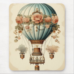 Vintage-Steampunk-Blumen-Blauer Heißluftballon Mousepad