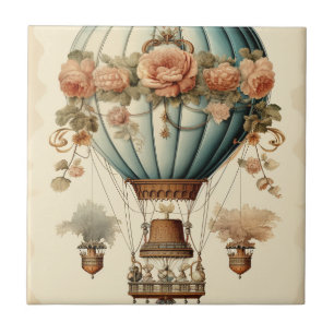Vintage-Steampunk-Blumen Blaues Heißluftballon Fliese
