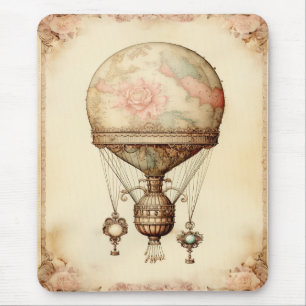 Vintage-Steampunk-Blumen-Heißluftballon Mousepad