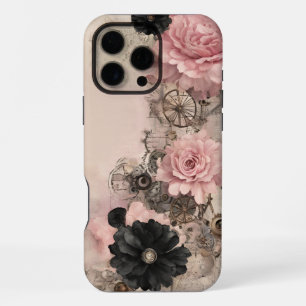 Vintage Steampunk Boho Rosa & Schwarze Blumenmuste iPhone 16 Pro Max Hülle