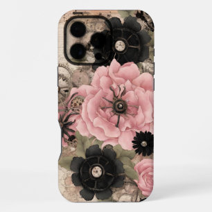Vintage-Steampunk-Boho-Rosa- und schwarze Blumenmu iPhone 16 Pro Max Hülle