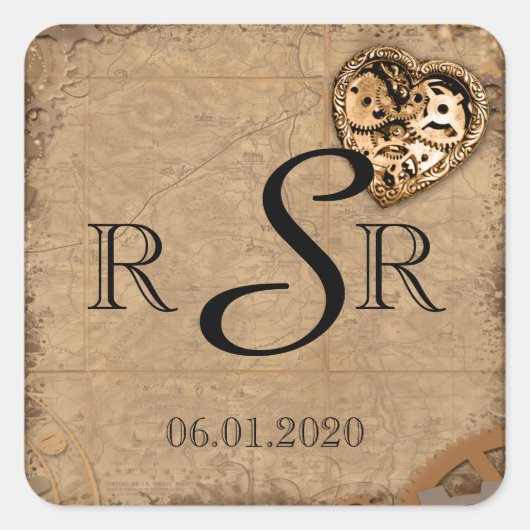 Vintage Steampunk Bride Wedding Monogram Quadratischer Aufkleber (Vorderseite)