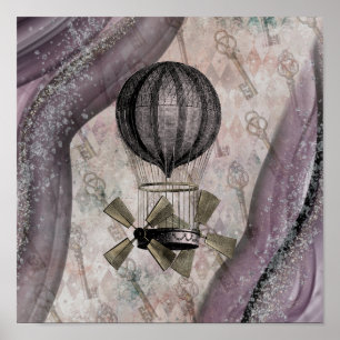 Vintage Steampunk Glam Lila Luftschiff  Poster
