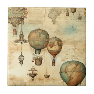 Vintage-Steampunk-Heißluftballon-Sepia Fliese