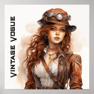 Vintage-Steampunk-junge Frau Retro Poster
