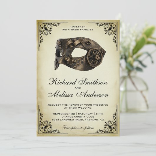 Vintage Steampunk-Karneval Masquerade Hochzeit Einladung (Stehend Vorderseite)