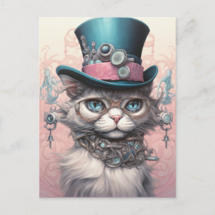 Vintage-Steampunk-Katze im blauen Zylinder Postkarte