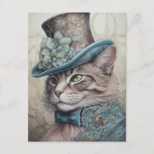 Vintage Steampunk-Katze in blauem Anzug Postkarte