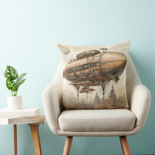 Vintage Steampunk-Luftschiff Kupfer-Blueprint Kissen