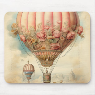 Vintage Steampunk Rosa Florales Heißluftballon Mousepad
