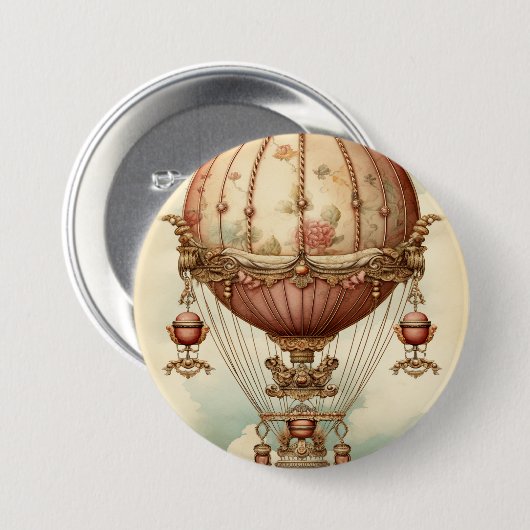 Vintage-Steampunk-Rosa-Heißluftballon Button (Vorne & Hinten)