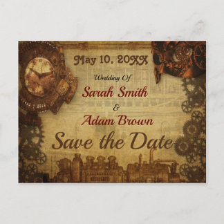 Vintage Steampunk Save the Date Zug-Uhr-Zähne Ankündigungspostkarte