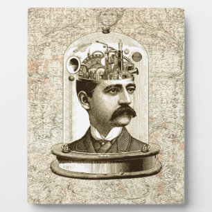 Vintage-Steampunk-Uhrwerk-Gehirn, Schnurrbart-Mann Fotoplatte