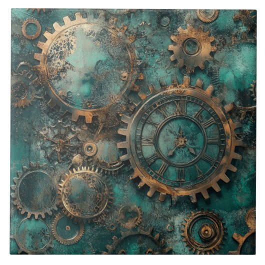 Vintage Steampunk Zahnräder & Uhrwerk Fliese (Vorderseite)