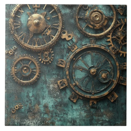 Vintage Steampunk Zahnräder & Uhrwerk Fliese (Vorderseite)