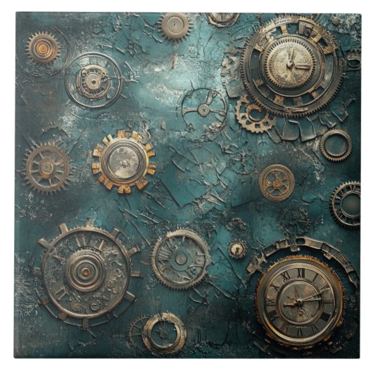 Vintage Steampunk Zahnräder & Uhrwerk Fliese (Vorderseite)