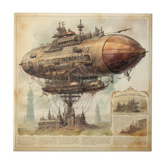 Vintage Steampunk-Zeppelin (10) Fliese (Vorderseite)