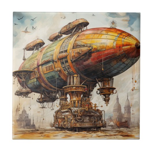 Vintage Steampunk-Zeppelin Fliese (Vorderseite)