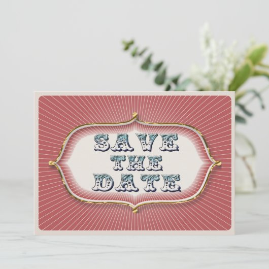 Vintage Steampunk-Zirkusstrahlen Save the Date (Stehend Vorderseite)