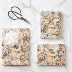Vintage Steampunkuhr und Schmetterlinge Pastel Geschenkpapier Set