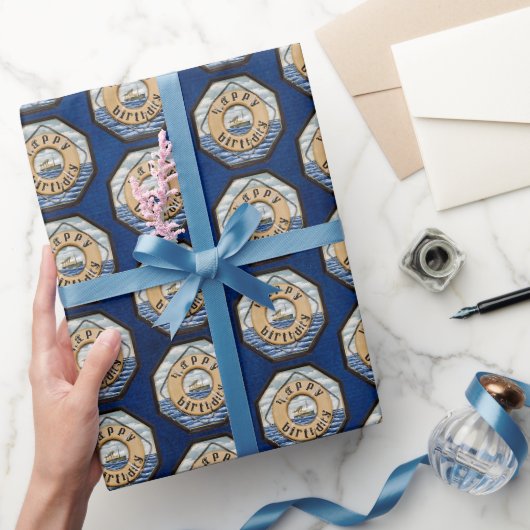 Vintage Steamship mit Lebensring Geburtstag Geschenkpapier (Schenken)