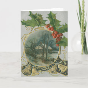 Vintage Stechpalmen-Beeren Goldene Glocken Weihnac Feiertagskarte