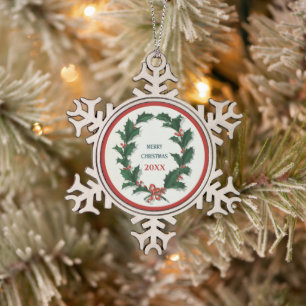 Vintage-Stechpalmenkranz Schneeflocken Zinn-Ornament