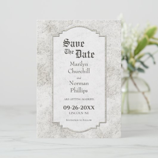 Vintage Steinhochzeit Save The Date (Stehend Vorderseite)