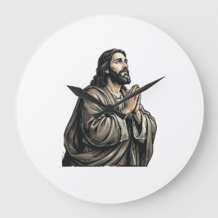 Vintage-Stich Mann betend religiöses Shirt Desi Große Wanduhr