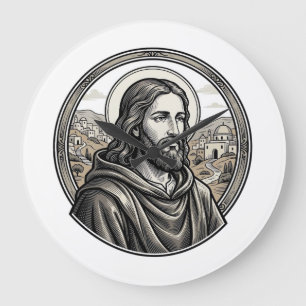 Vintage-Stich-Shirt mit religiösem Porträt Große Wanduhr