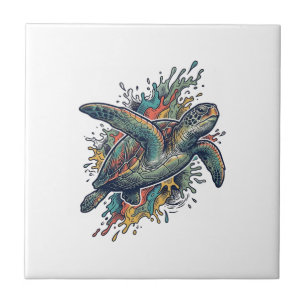 Vintage-Stichillustration Meeresschildkröte Splash Fliese