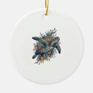 Vintage-Stichillustration Meeresschildkröte Splash Keramik Ornament