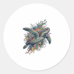 Vintage-Stichillustration Meeresschildkröte Splash Runder Aufkleber