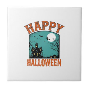 Vintage-Stichzeichnung Frohes Halloween Spukhaus D Fliese