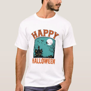 Vintage-Stichzeichnung Frohes Halloween Spukhaus D T-Shirt
