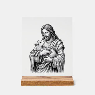 Vintage-Stichzeichnung Hirte mit Lamm Vektor Des Acrylschild