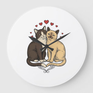 Vintage-Stichzeichnung Süßes Katzenpaar Liebesdesi Große Wanduhr